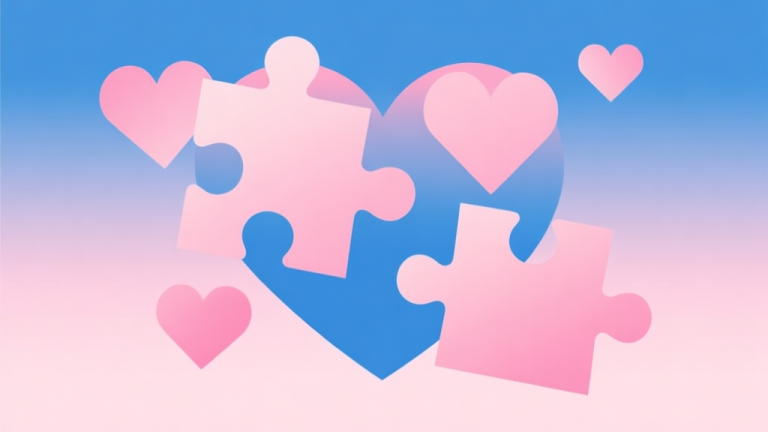 自动生成图片: Abstract geometric composition with overlapping puzzle pieces and heart shapes, soft pink and blue gradient background, clean minimal design, modern love and connection concept high quality illustration, detailed, 16:9