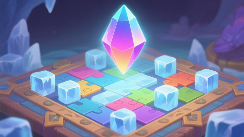 A magical, gradient-colored gem or prism hovering above a complex puzzle board with ice blocks and colorful tiles, soft glow, fantasy game aesthetic, clean and clear visual high quality illustration, detailed, 16:9
