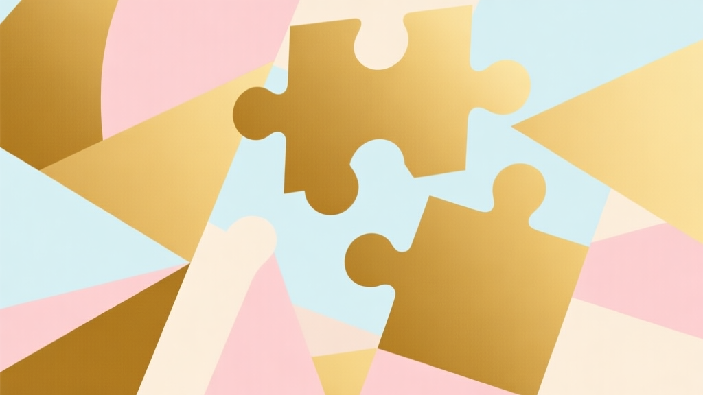 Abstract geometric composition with overlapping shapes in gold and pastel colors, modern minimal style, professional business concept illustration of a puzzle being solved high quality illustration, detailed, 16:9