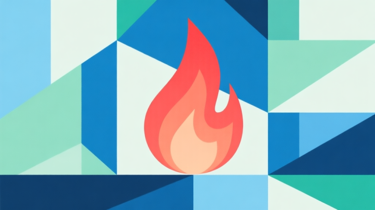 自动生成图片: Abstract geometric composition with a central flame-like shape in warm red, surrounded by cool blue and green geometric forms, soft pastel colors, modern minimal style, representing contrast and allure high quality illustration, detailed, 16:9