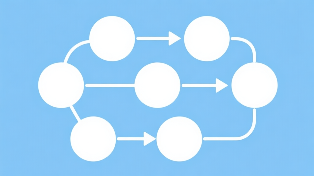 Simple flowchart illustration with connected circles and arrows, light blue and white color scheme, clean minimal design, business presentation style high quality illustration, detailed, 16:9