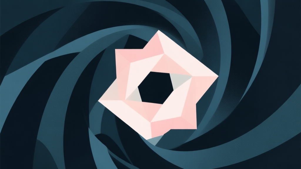 Abstract geometric composition representing chaos and order, a swirling vortex of dark shapes contrasted with a stable, central core of light geometric forms, soft pastel colors, modern minimal style, professional concept illustration high quality illustration, detailed, 16:9