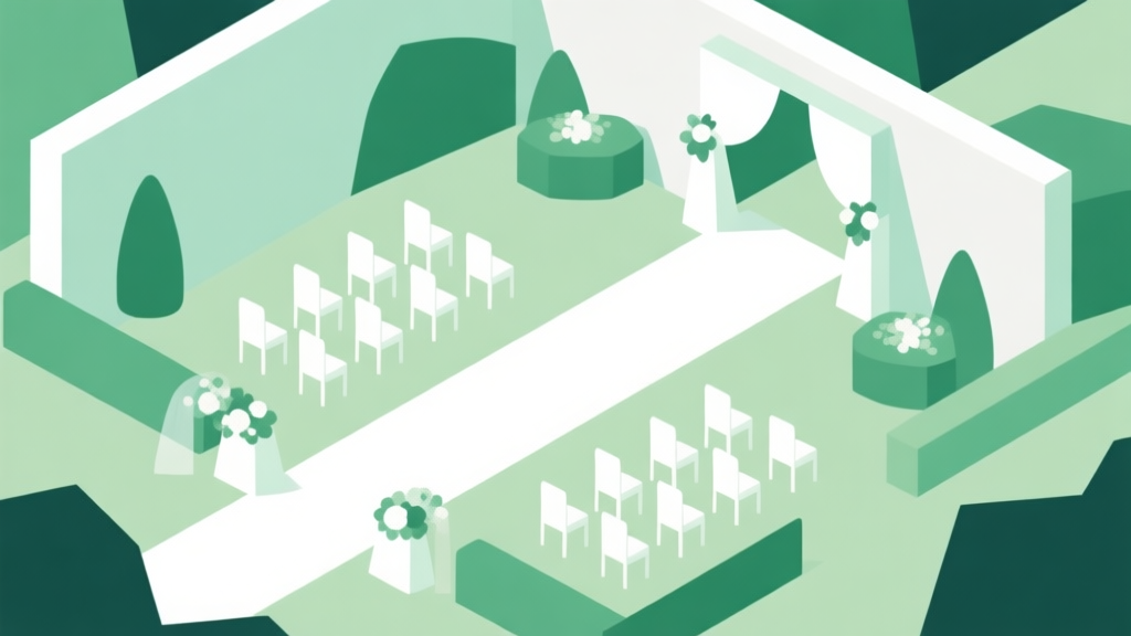 Abstract geometric composition with overlapping shapes in soft green and white, representing a garden wedding layout, clean minimal design, professional game strategy concept illustration high quality illustration, detailed, 16:9