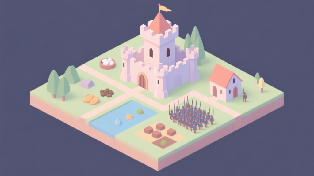 A minimalist isometric view of a small medieval kingdom with clear zones for resources, buildings, and army, soft pastel colors, clean lines, strategy game concept illustration high quality illustration, detailed, 16:9