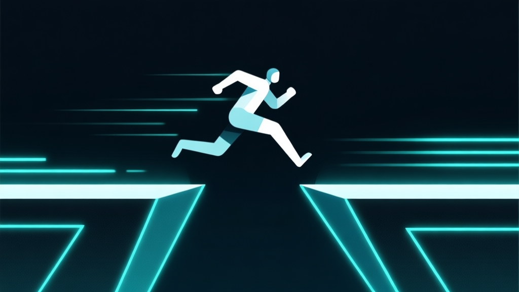 A minimalist side-view of a geometric runner game scene, featuring a sleek stylized character mid-jump between angular platforms, neon vector lines on dark background, clean UI with speed lines, digital aesthetic high quality illustration, detailed, 16:9