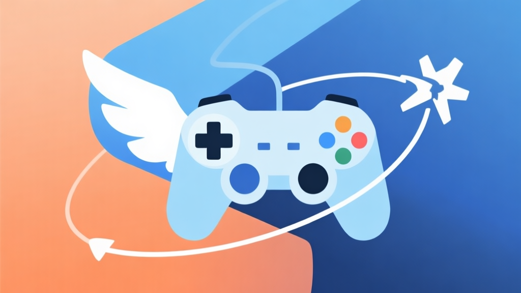 Abstract geometric composition showing a game controller with wings, overlapped with a flight path curve and a crash symbol, soft blue and orange gradient, clean minimal style, video game concept illustration high quality illustration, detailed, 16:9