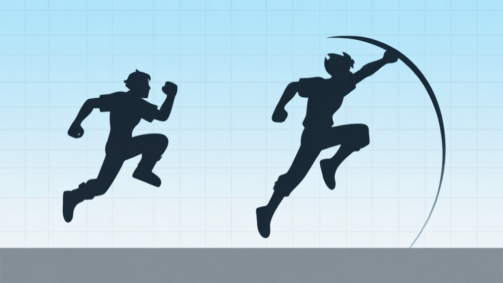 A minimalist side-view comparison of two game character silhouettes jumping, one with a normal arc and one with a significantly higher arc, against a simple grid background, soft blue and grey color scheme, clean lines high quality illustration, detailed, 16:9