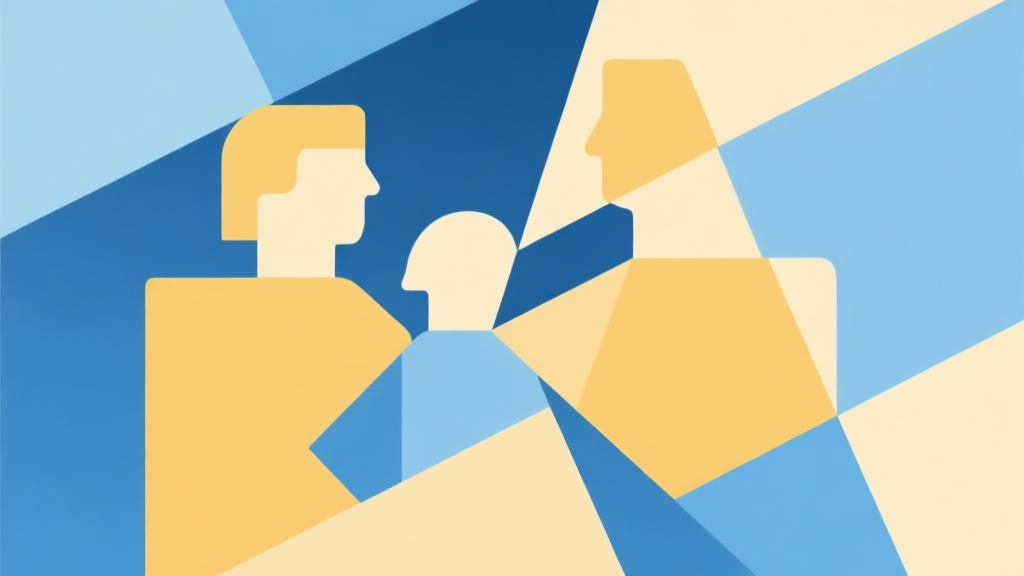 Abstract geometric composition with overlapping shapes in soft blues and warm yellows, some shapes fitting together, others slightly colliding, representing family dynamics and clash, clean minimal style, professional concept illustration high quality illustration, detailed, 16:9