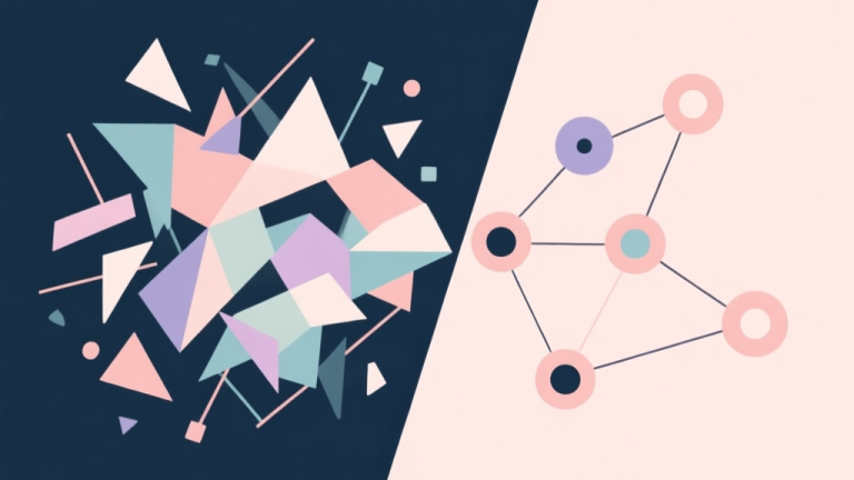 自动生成图片: Abstract geometric composition showing two opposing strategies, one chaotic and scattered, one focused and connected, soft pastel colors, modern minimal style, professional game theory concept illustration high quality illustration, detailed, 16:9