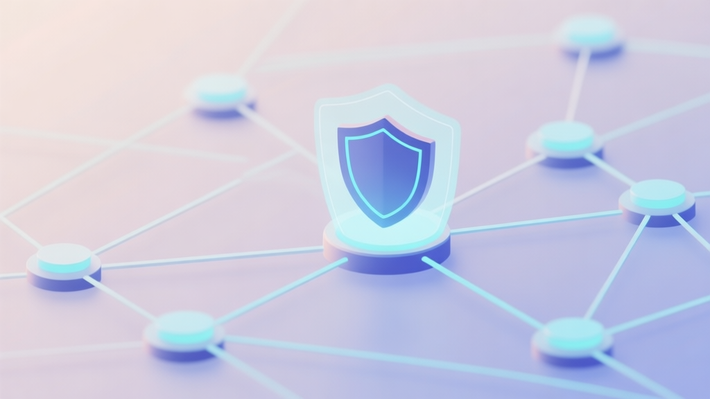 Abstract network nodes connected by lines, one node highlighted and protected by a shield, soft color scheme, clean minimal illustration, modern digital concept of protection and strategy high quality illustration, detailed, 16:9