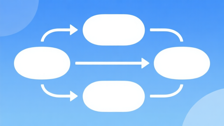 自动生成图片: Simple flowchart illustration with connected circles and arrows, light blue and white color scheme, clean minimal design, business presentation style high quality illustration, detailed, 16:9