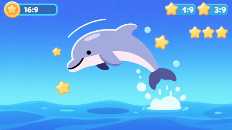 自动生成图片: A playful and vibrant digital illustration of a dolphin mid-jump in a stylized arc, with simple score numbers and star ratings floating around, on a gradient blue aquatic background, cartoonish and clean game UI style high quality illustration, detailed, 16:9