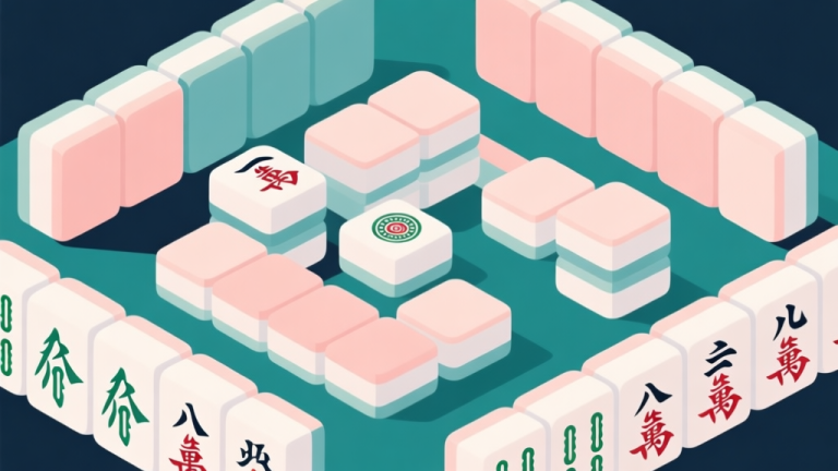 自动生成图片: Abstract geometric composition with overlapping Mahjong tiles pattern, soft pastel colors, modern minimal style, professional game strategy concept illustration high quality illustration, detailed, 16:9