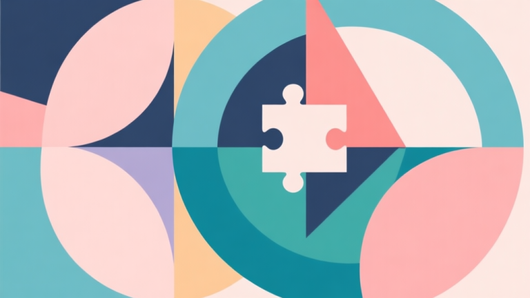 自动生成图片: Abstract geometric composition with overlapping colored circles and triangles, soft pastel colors, modern minimal style, representing puzzle challenge and solution high quality illustration, detailed, 16:9