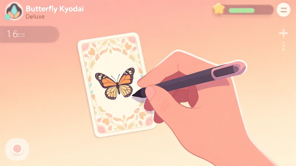 A serene digital illustration of a hand holding a stylus, about to tap on a beautifully patterned butterfly card in a game of Butterfly Kyodai Deluxe. Soft, warm background with a subtle gradient, minimalist UI elements visible, conveying a sense of calm and focus. high quality illustration, detailed, 16:9