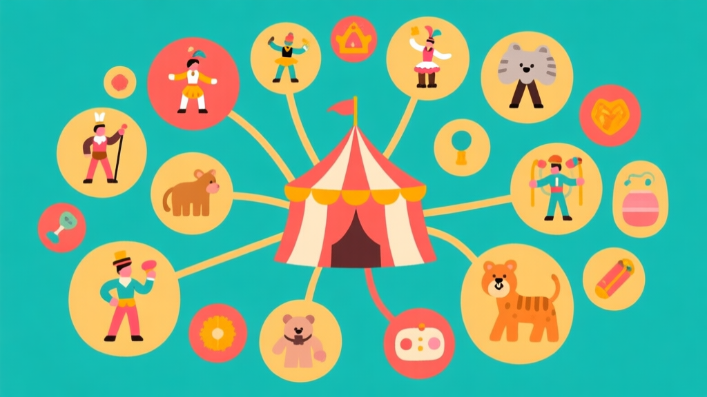 A vibrant, playful mind map with a circus tent at the center, connecting to various clusters of icons representing performers, animals, and objects, in a flat illustration style with warm, inviting colors high quality illustration, detailed, 16:9