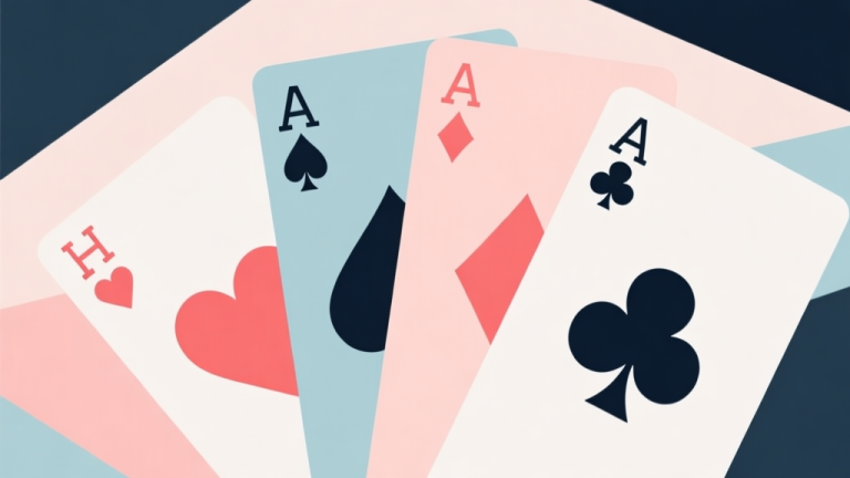 自动生成图片: Abstract geometric composition with overlapping playing card suits (hearts, spades, diamonds, clubs) arranged in a clean, modern layout, soft pastel colors, minimalist style, professional digital concept illustration high quality illustration, detailed, 16:9