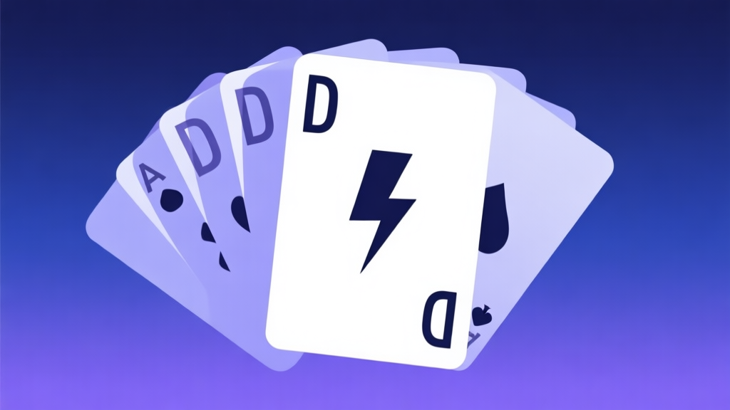 A minimalist flat design illustration of stylized playing cards fanned out, with a central card featuring a simple "D" and a lightning bolt, on a soft gradient background of deep blue and purple, clean and modern style high quality illustration, detailed, 16:9
