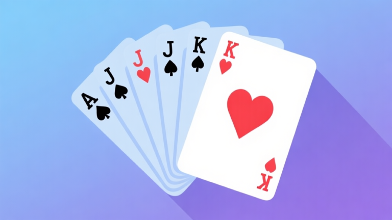 自动生成图片: A minimalist flat design of playing cards fanned out, with one card (the Jack) highlighted in red, on a soft gradient background of blue and purple, clean and modern illustration style high quality illustration, detailed, 16:9