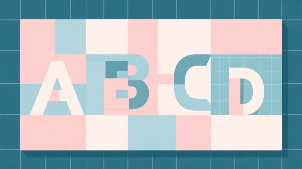 Abstract geometric composition with overlapping alphabet letters A, B, C, D on a grid, soft pastel colors, modern minimal style, clean puzzle game concept illustration high quality illustration, detailed, 16:9