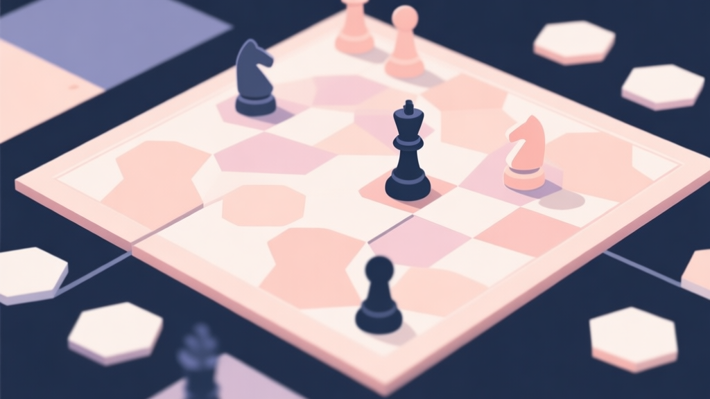 Abstract geometric composition representing game strategy with overlapping hexagonal tiles and player pieces, soft pastel colors, modern minimal style, professional board game concept illustration high quality illustration, detailed, 16:9