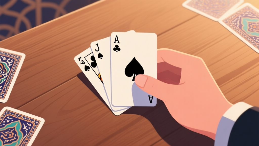 A minimalist top-down view of a hand of stylized playing cards on a wooden table, with Persian-inspired patterns on the card backs, soft warm lighting, clean composition high quality illustration, detailed, 16:9