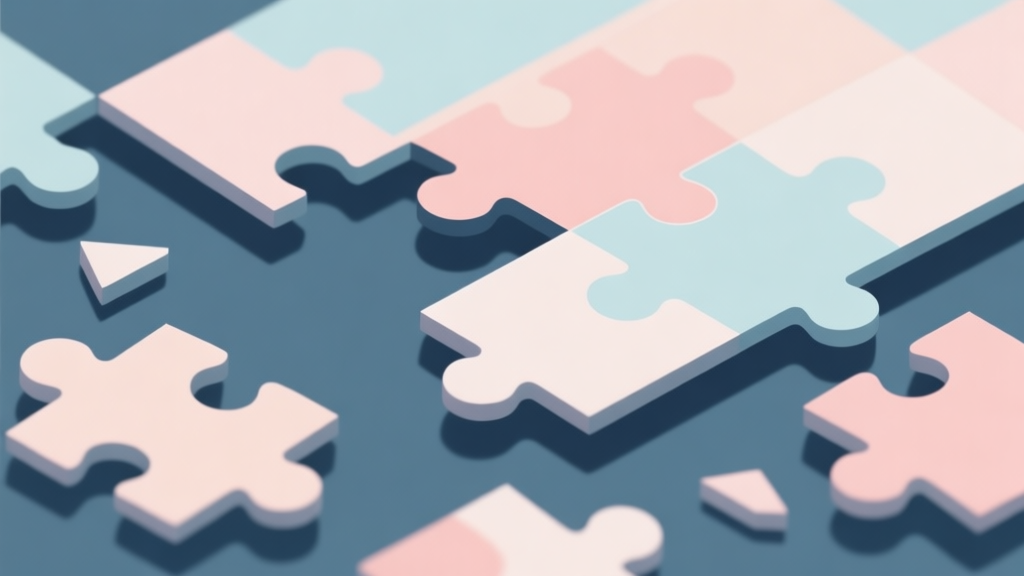 Abstract geometric composition with overlapping puzzle pieces, some pieces fitting together perfectly while others are scattered, soft pastel colors, modern minimal style, professional concept illustration of problem and solution high quality illustration, detailed, 16:9