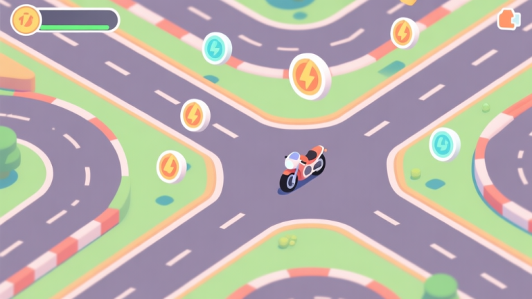 自动生成图片: A top-down view of a vibrant, stylized racetrack with multiple branching paths, power-up icons floating above the surface, and a simple motorbike at a crossroads, minimalist game UI style, soft colors high quality illustration, detailed, 16:9