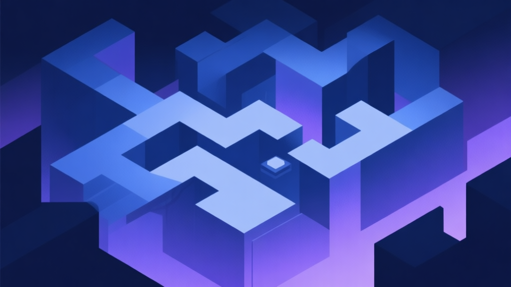 Abstract geometric composition with overlapping shapes representing a complex game world, soft dark blue and purple gradient, clean minimal style, professional game concept illustration high quality illustration, detailed, 16:9