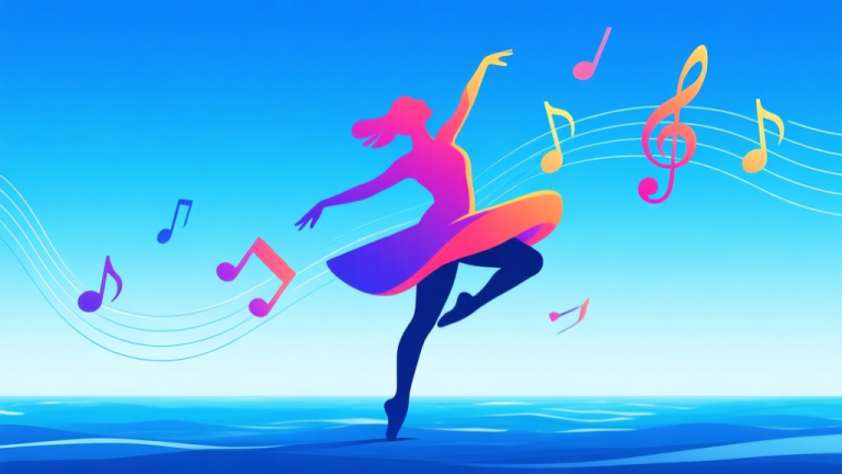 自动生成图片: A vibrant, stylized silhouette of a dancer mid-move against a gradient ocean-blue background, with rhythmic motion lines and abstract musical notes floating around, clean and energetic illustration high quality illustration, detailed, 16:9