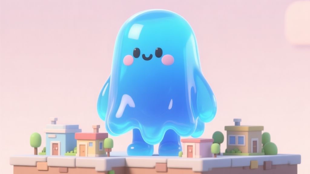 A cute, giant blob character made of translucent blue jelly, towering over tiny cartoonish buildings in a simple 3D environment, soft pastel colors, clean and playful video game illustration style high quality illustration, detailed, 16:9