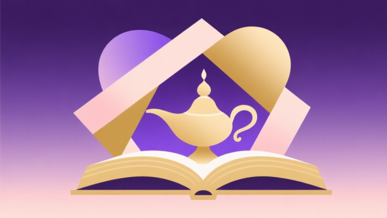 自动生成图片: Abstract geometric composition with overlapping shapes resembling a magic lamp and a storybook, soft pastel colors of gold and purple, modern minimal style, professional business concept illustration high quality illustration, detailed, 16:9