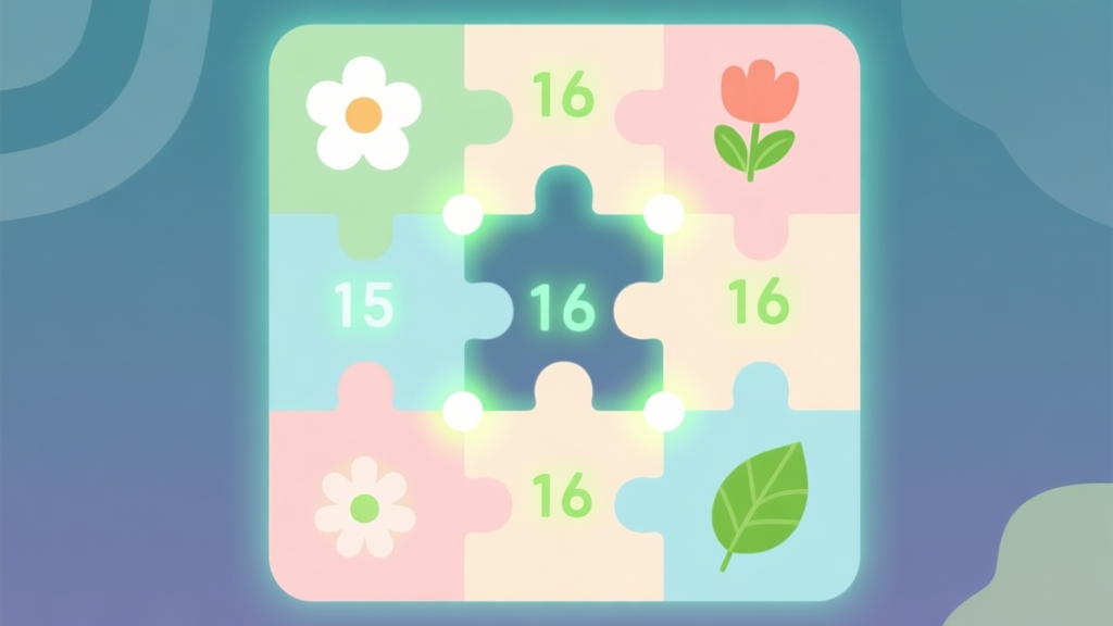 Abstract geometric composition showing puzzle pieces with spring-themed icons (flowers, leaves) fitting into a grid, with glowing connection points and multiplier numbers, soft pastel colors, clean game UI style, minimalist illustration high quality illustration, detailed, 16:9