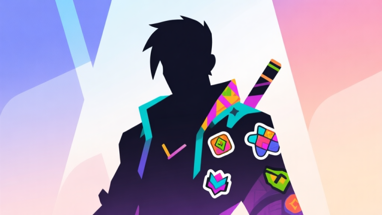 自动生成图片: Abstract digital canvas showing a game character silhouette being customized with vibrant stickers and patterns, soft gradient background, clean geometric shapes, modern gaming illustration style high quality illustration, detailed, 16:9