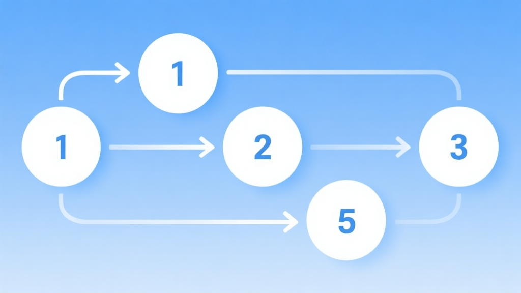 Simple flowchart illustration with connected circles and arrows numbered 1 to 5, light blue and white color scheme, clean minimal design, business presentation style, showing progression high quality illustration, detailed, 16:9