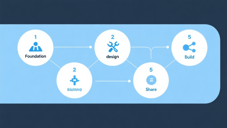 自动生成图片: Simple flowchart illustration with five connected circles labeled 1 to 5, each with an icon representing foundation, tools, design, build, and share, light blue and white color scheme, clean minimal design, business presentation style high quality illustration, detailed, 16:9