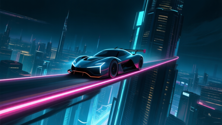 自动生成图片: A dramatic, low-angle view of a sleek racing game car balancing on a narrow, neon-lit track on top of a skyscraper at night, with a sprawling futuristic city below, cinematic lighting, dynamic perspective high quality illustration, detailed, 16:9