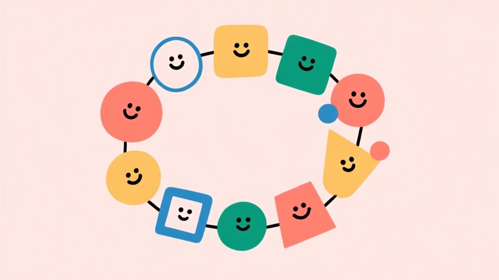 A minimalist, playful illustration of a group of diverse, simple geometric figures (circles, squares) arranged in a circle, some with smiling faces, on a soft pastel background. Concept of social bonding and party games, clean and friendly style. high quality illustration, detailed, 16:9