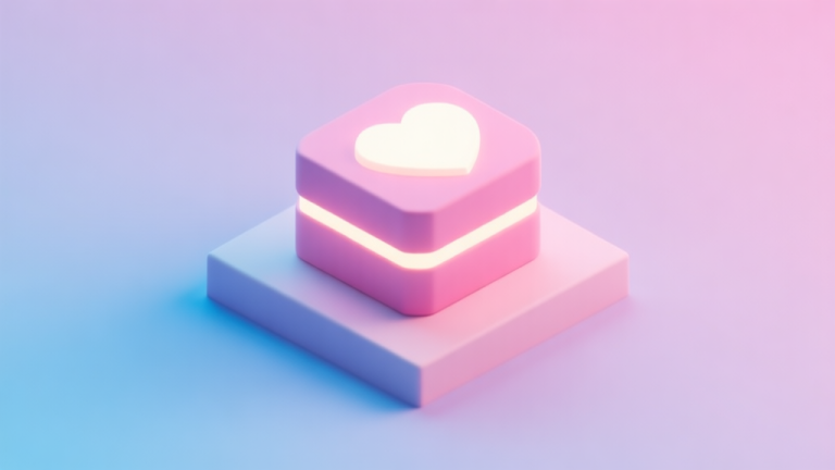 自动生成图片: A minimalist isometric 3D illustration of a glowing heart-shaped box on a simple geometric pedestal, soft pink and blue gradient background, clean game UI style, digital concept art high quality illustration, detailed, 16:9