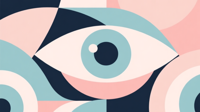 自动生成图片: Abstract geometric composition with overlapping eye shapes, soft pastel colors, modern minimal style, professional character design concept illustration high quality illustration, detailed, 16:9