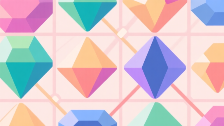 自动生成图片: Abstract geometric composition with overlapping colorful gem shapes in a grid, soft pastel colors, clean lines showing connection paths, modern minimal style, game design concept illustration high quality illustration, detailed, 16:9