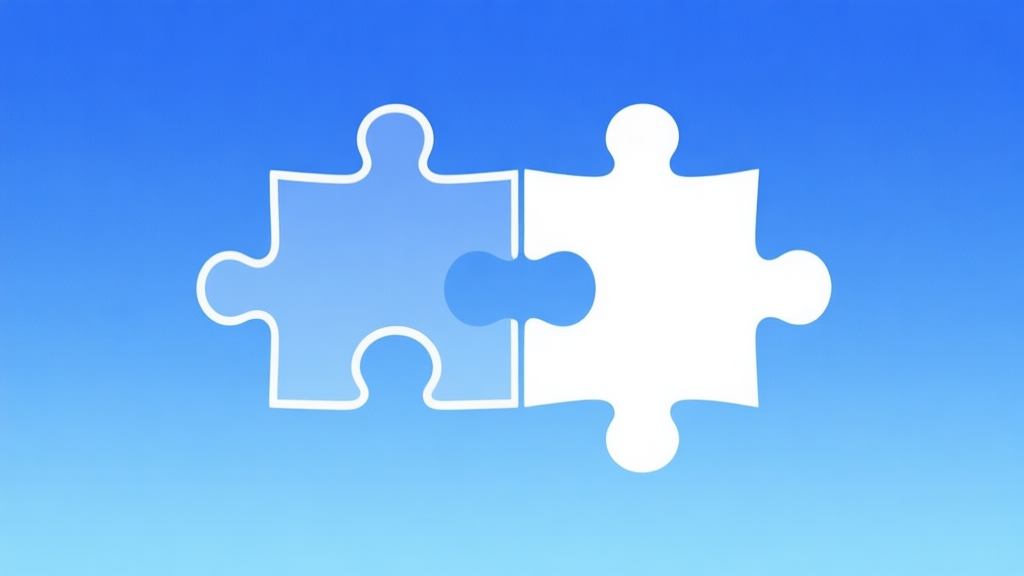 Simple puzzle pieces connecting together, gradient blue background, clean flat design, business solution concept, minimalist style high quality illustration, detailed, 16:9