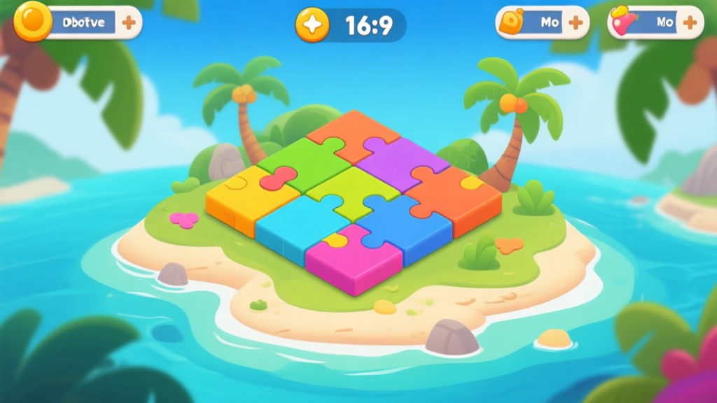 A vibrant, stylized island puzzle game screenshot showing colorful connected tiles on a tropical island background, with a move counter and objectives clearly displayed, clean mobile game UI, playful and inviting high quality illustration, detailed, 16:9