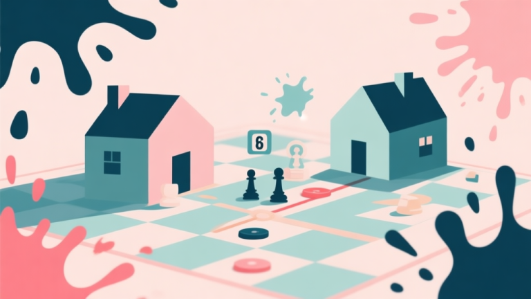自动生成图片: Abstract geometric composition representing a playful competition, with paint splashes, house silhouettes, and scoring elements, soft pastel colors, modern minimal style, professional board game concept illustration high quality illustration, detailed, 16:9