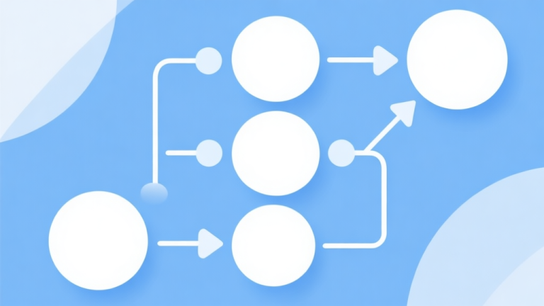 自动生成图片: Simple flowchart illustration with connected circles and arrows, light blue and white color scheme, clean minimal design, business presentation style high quality illustration, detailed, 16:9