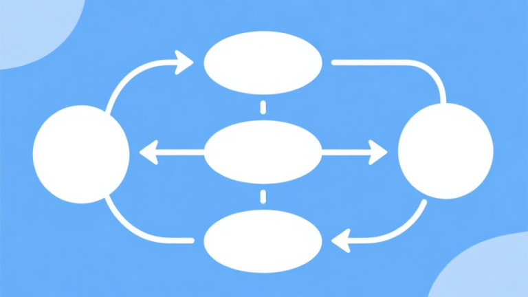 自动生成图片: Simple flowchart illustration with connected circles and arrows, light blue and white color scheme, clean minimal design, business presentation style high quality illustration, detailed, 16:9