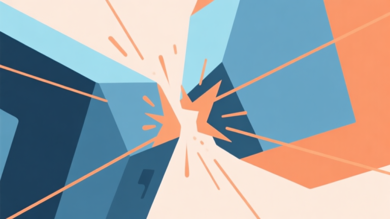 自动生成图片: Abstract geometric composition showing collision of two objects with highlighted impact area and vector lines, soft blue and orange color scheme, clean minimal style, gaming concept illustration high quality illustration, detailed, 16:9