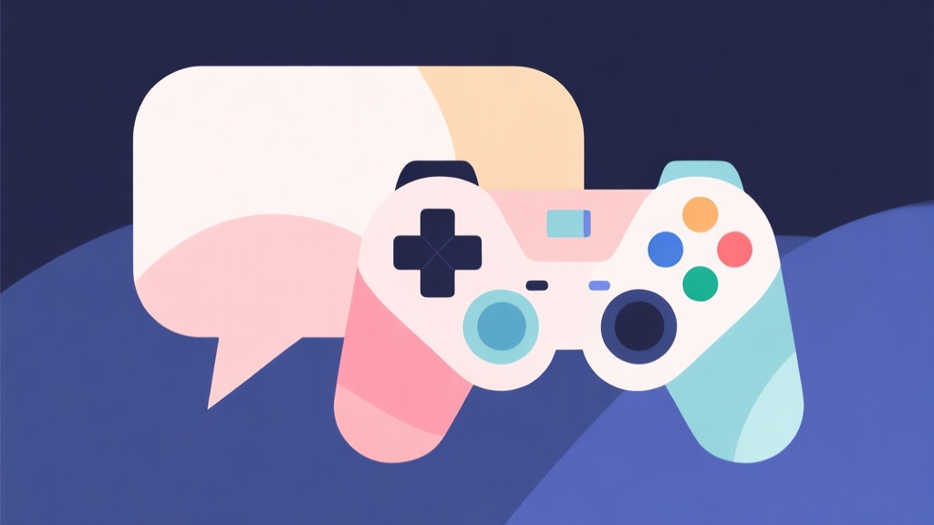 Abstract geometric composition with overlapping shapes forming a speech bubble and a game controller, soft pastel colors, modern minimal style, internet culture concept illustration high quality illustration, detailed, 16:9