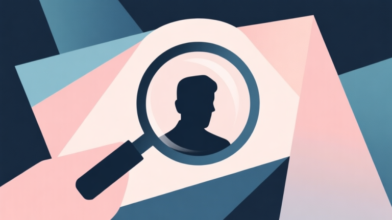 自动生成图片: Abstract geometric composition with overlapping shapes forming a magnifying glass and a silhouette, soft pastel colors, modern minimal style, mystery and investigation concept illustration high quality illustration, detailed, 16:9