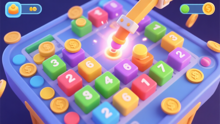 自动生成图片: A top-down view of a vibrant and chaotic digital pusher table in a mobile game, with colorful numbered blocks, coins, and a pusher arm in motion, soft glow effects, clean 3D illustration style high quality illustration, detailed, 16:9